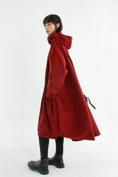 Red Wool Hooded Raincoat Trench Coat
