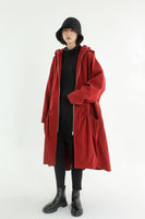 Red Wool Hooded Raincoat Trench Coat