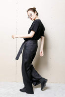 Spring Black Cotton Linen Pants With Lacing